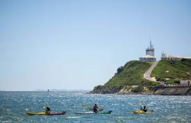 Guests kayaking near scenic lighthouse on lush hillside by the sea, enjoying outdoor adventure and stunning coastal views.